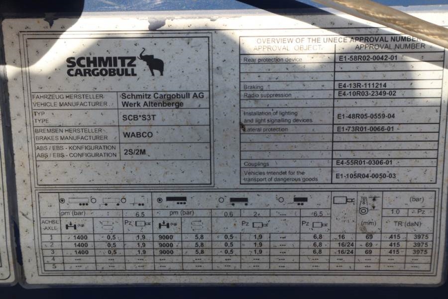 Schmitz CARG SCB3ST CoC Documents, TuV Loading Certificate 2015 SCHMITZ CARG - SCB3ST - 61404 Schmitz Cargobull CARG SCB3S...