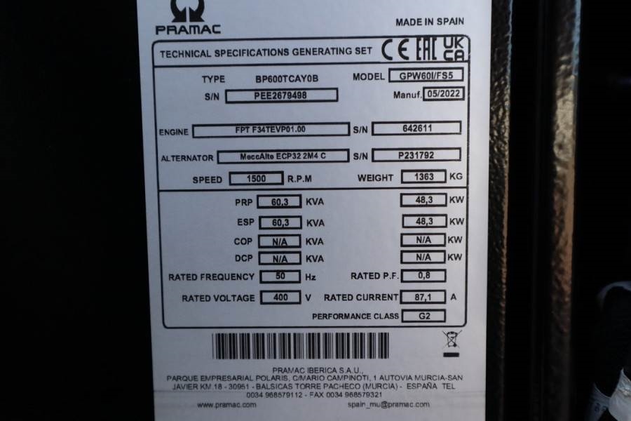Pramac GPW60I/FS5 Valid inspection, *Guarantee! Diesel, 6 2022 PRAMAC - GPW60I/FS5 - 61071 Pramac GPW60I/FS5 Valid inspect...