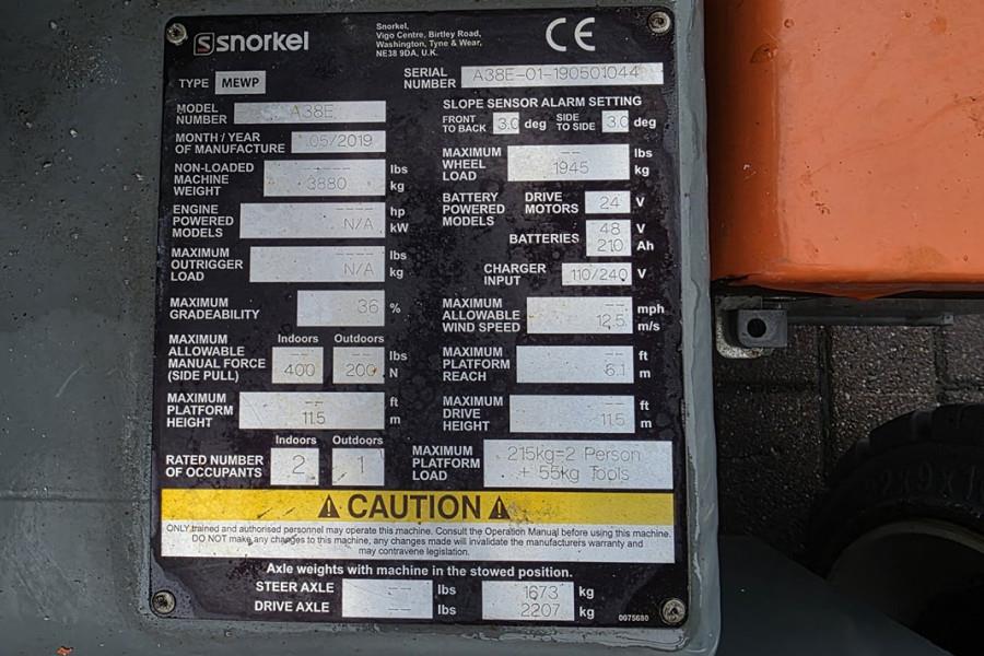 Snorkel A38E As-Is, Electric, 13.5m Working Height, 6.1m R 2019 SNORKEL - A38E - 90267 A38E As-Is, Electric, 13.5m Working...