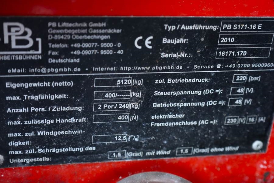 PB LIFT S171-16E Electric, 17.3m Working Height, 400k 2010 PB LIFT - S171-16E - 500030 PB LIFT S171-16E Electric, 17.3m Wo...