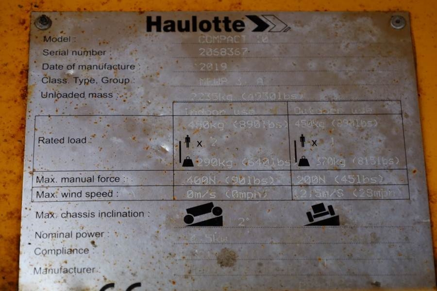 Haulotte Compact 10 Electric, 10.2m Working Height, 450kg C 2019 HAULOTTE - Compact 10 - 63299 Compact 10 Electric, 10.2m ...