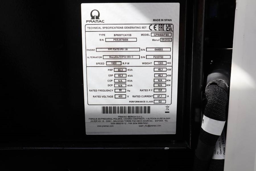 Pramac GPW60I/FS5 Valid inspection, *Guarantee! Diesel, 6 2022 PRAMAC - GPW60I/FS5 - 61069 Pramac GPW60I/FS5 Valid inspect...