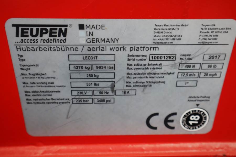 Teupen LEO 31T Valid inspection, *Guarantee! 230 V Electr 2017 TEUPEN - LEO 31T - 61465 LEO 31T Valid inspection, *Guarant...