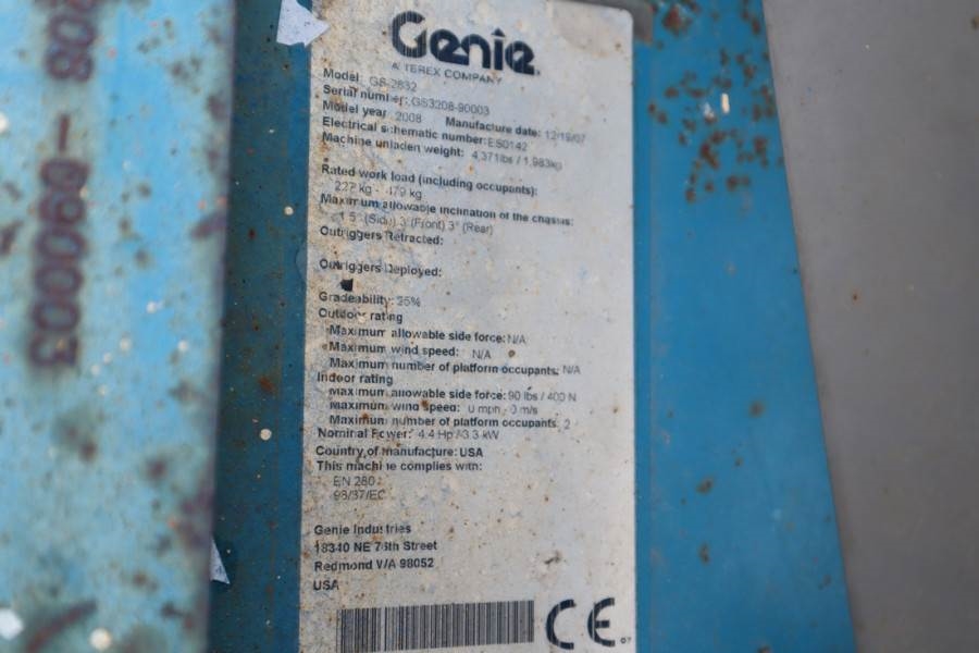 Genie GS2632 Electric, Working Height 10m, 227kg Capacit 2007 GENIE - GS2632 - 62707 GS2632 Electric, Working Height 10m, ...