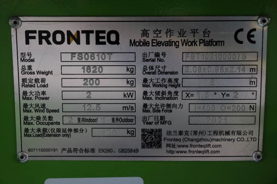 Fronteq FS0610T CE Declaration, 6.7m Working Heigh 2021 FRONTEQ - FS0610T - 60728 Fronteq FS0610T CE Declaration, 6.7m Wor...