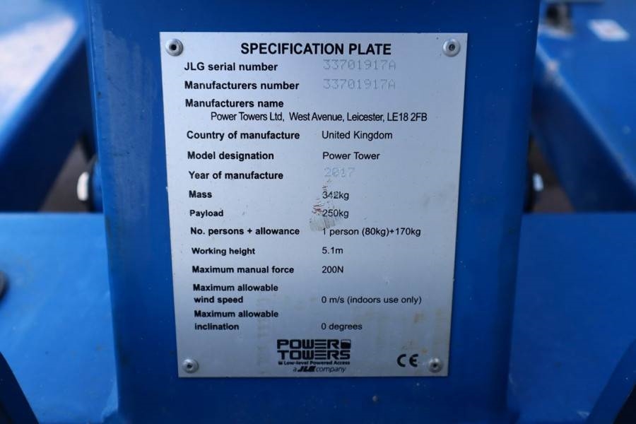 JLG Power Tower Electric, 5.10m Working Height, 250kg 2017 JLG - Power Tower - 62356 Power Tower Electric, 5.10m Working H...