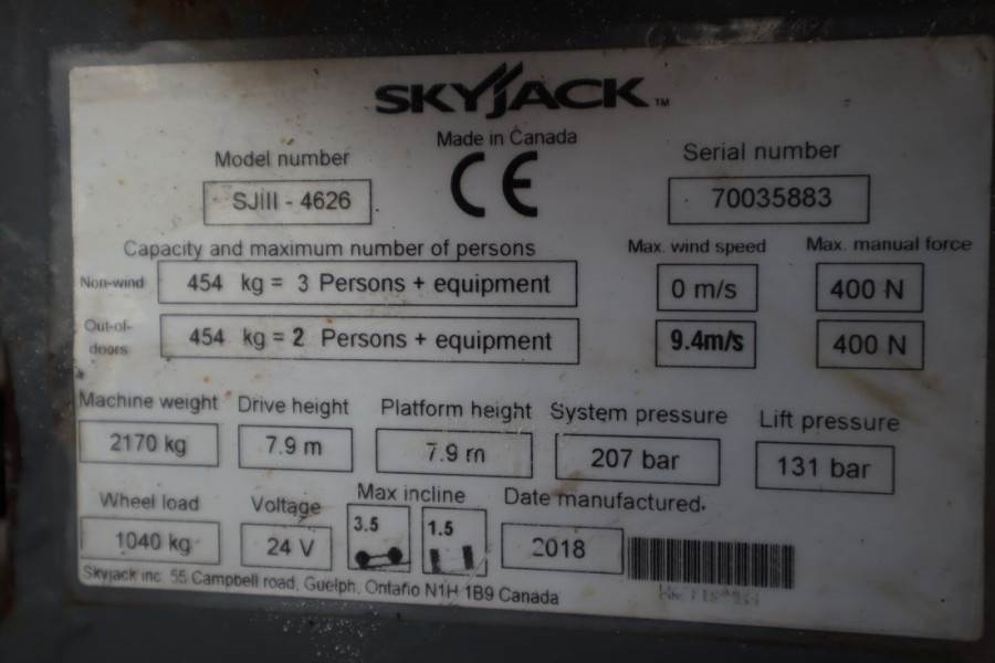 SkyJack SJ4626 ELECTRIC, 10M WORKING HEIGHT, 454KG CAPACIT 2018 SKYJACK - SJ4626 - 61514 SJ4626 ELECTRIC, 10M WORKING HEIG...