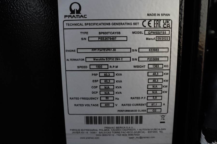 Pramac GPW60I/FS5 Diesel, 60 kVA, Also Available For Rent 2022 PRAMAC - GPW60I/FS5 - 61070 Pramac GPW60I/FS5 Diesel, 60 kV...