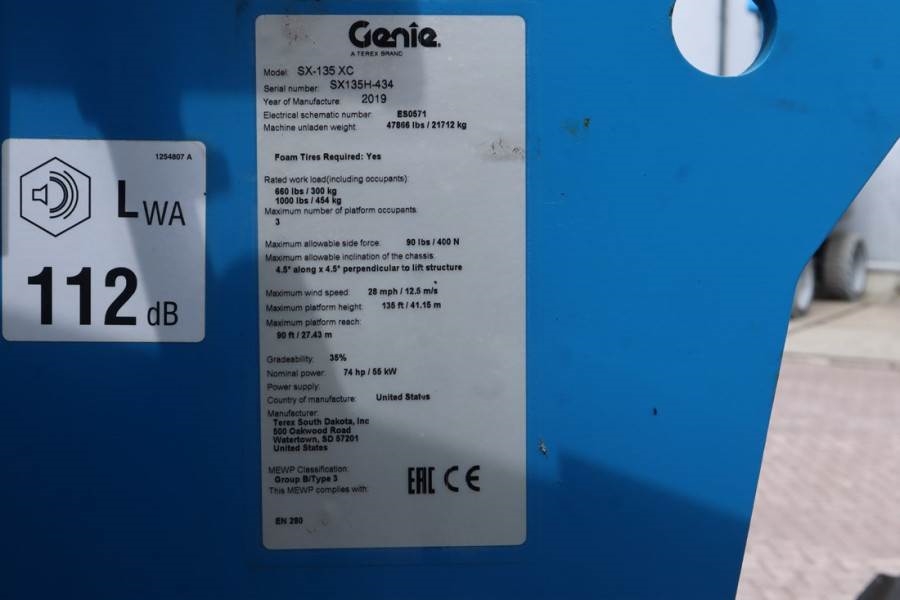 Genie SX135XC Diesel, 43m Working Height, 27.5m Reach, B 2019 GENIE - SX135XC - 63734 SX135XC Diesel, 43m Working Height, ...