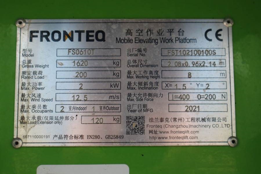 Fronteq FS0610T CE Declaration, 6.7m Working Heigh 2021 FRONTEQ - FS0610T - 61195 Fronteq FS0610T CE Declaration, 6.7m Wor...