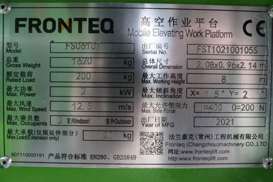 Fronteq FS0610T CE Declaration, 6.7m Working Heigh 2021 FRONTEQ - FS0610T - 61368 Fronteq FS0610T CE Declaration, 6.7m Wor...