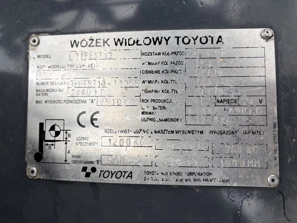 Forklift Toyota 7FBEST13 Electric 1200kg 2012 2012 7FBEST13 2012 1 Forklift image 8