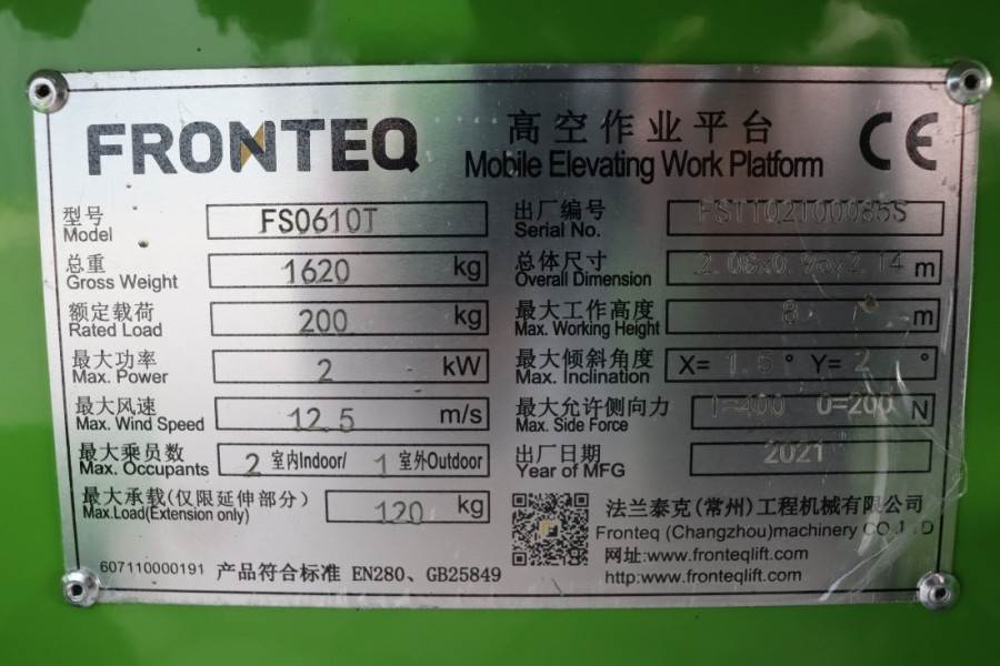 Fronteq FS0610T CE Declaration, 6.7m Working Heigh 2021 FRONTEQ - FS0610T - 60928 Fronteq FS0610T CE Declaration, 6.7m Wor...