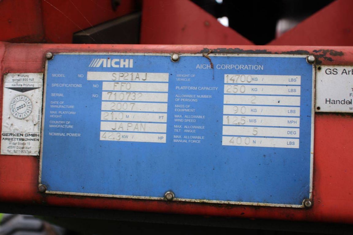 Telescopic boom lift Aichi SP21AJ Diesel 23.0m 2007 2007 SP21AJ 2007 1 image 12