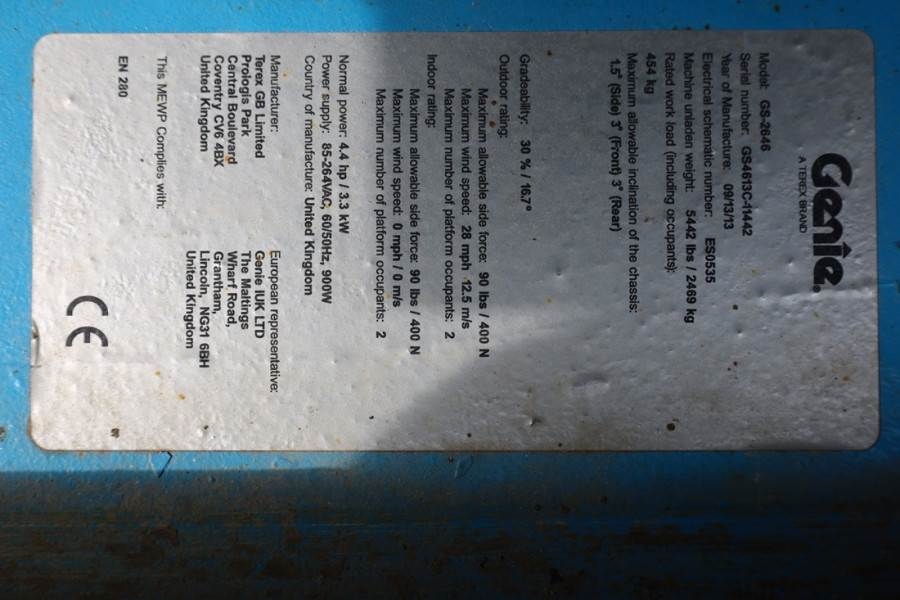 Genie GS2646 Electric, Working Height 9.80m, Capacity 45 2013 GENIE - GS2646 - 90035 GS2646 Electric, Working Height 9.80m...