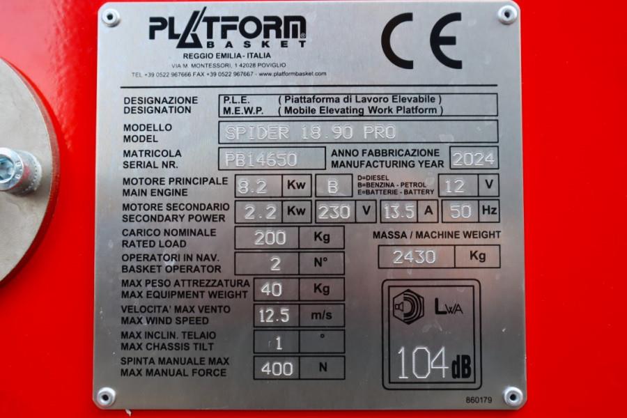 Platform Basket Spider 18.90 PRO CE Declaration, Valid inspection, 2024 PLATFORM BAS - Spider 18.90 PRO - 63060 Basket Spi...