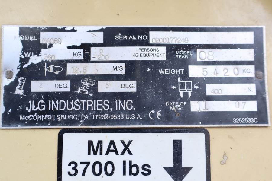 JLG M4069 Hybrid, 14.2m Working Height, 360kg Capacity 2008 JLG - M4069 - 90063 M4069 Hybrid, 14.2m Working Height, 360kg ...