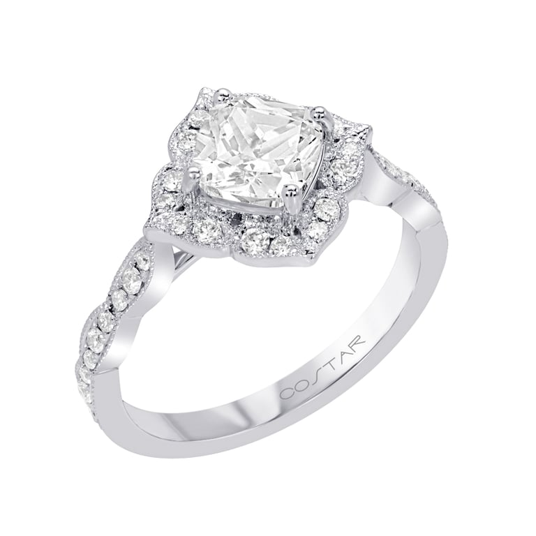 Abigale 1.25ct Cushion Vintage Halo with Side Stones White Gold Engagement Ring Design