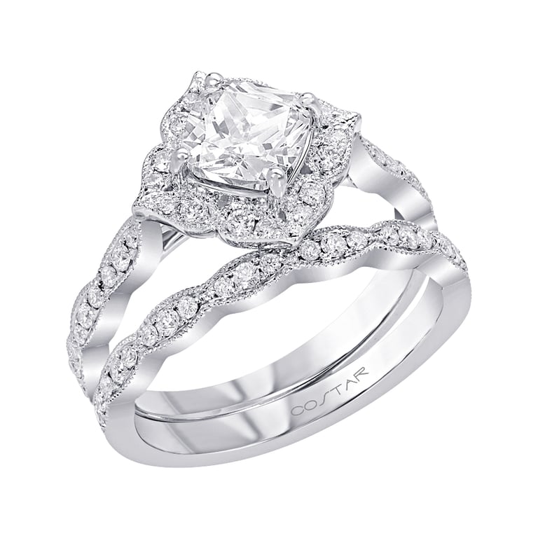 Abigale 1.25ct Cushion Vintage Halo with Side Stones White Gold Engagement Ring Design