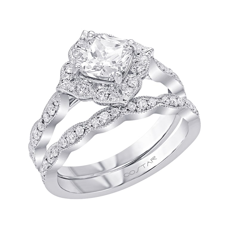 Abigale 1.25ct Cushion Vintage Halo with Side Stones White Gold Engagement Ring Design