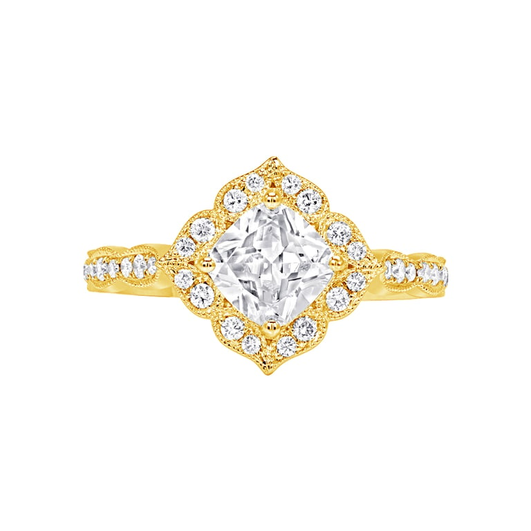 Abigale Cushion Vintage Halo with Side Stones Yellow Gold Engagement Ring Design