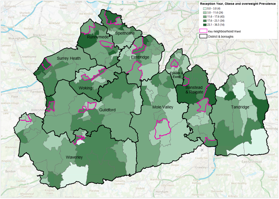 A map of Surrey showing prevalence of obesity and overweight children in reception by ward alongside Surrey key neighbourhood wards. There is a pattern of higher obesity in more deprived wards. Higher levelso f obesity are seen across the county, but in particular the north and west areas stand out as having higher levels. The Surrey key neighbourhoods are highlighted. There are 21 key neighbourhoods in Surrey representing the wards that have the most deprived pockets within the county. 3 of these wards are in Elmbridge (Walton South, Walton North, Cobham and Downside). 1 is in Epsom and Ewell (Court). 3 are in Guildford (Westborough, Bellfields and Slyfield, Ash Wharf). 1 is in Mole Valley (Dorking South). 4 are in Reigate and Banstead (Tattenham Corner and Preston, Hooley, Merstham and Netherne, Horley Central and South, Redhill West and Wray Common). 2 are in Runnymede (Englefield Green West, Chertsey St Ann’s). 2 are in Spelthorne (Stanwell North, Ashford North and Stanwell South). 1 is in Surrey Heath (Old Dean). 2 are in Waverley (Farnham Heath End, Godalming Central and Ockford). 2 are in Woking (Canalside, Goldsworth Park).