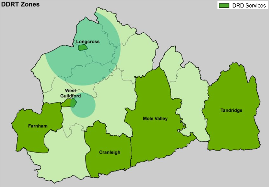 Surrey Connect DDRT services run in Longcross, Farnham, Cranleigh, Mole Valley and Tandridge
