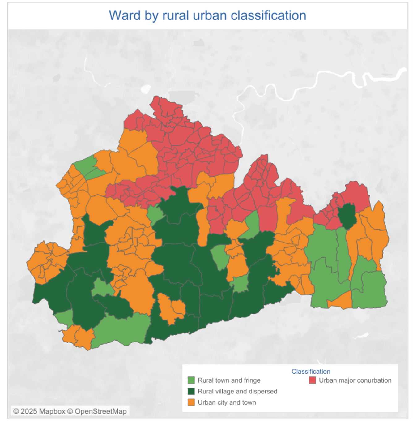 Map showing rural/urban classification of wards in Surrey. This shows a higher concentration of 'urban major conurbation' areas in the north of the county and 'rural village and dispersed' in the centre, west and south. 'urban city and town' areas are found in the north west and pockets of the east, with 'rural town and fringe' areas found in the east and pockets of the south, also isolated pockets across Surrey 
