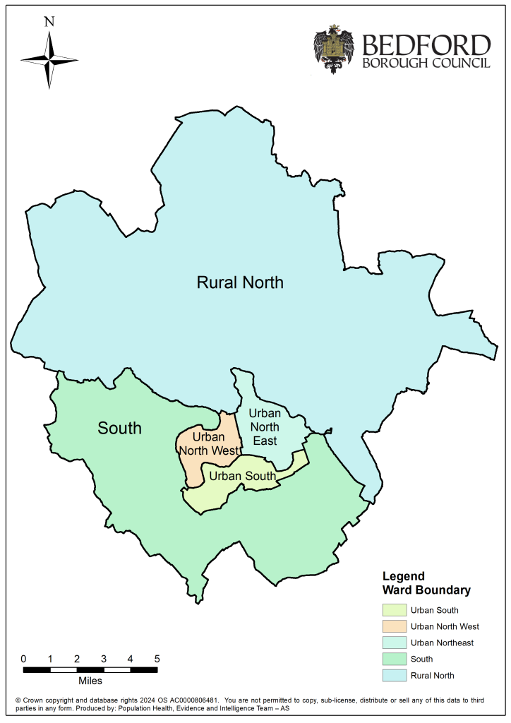 A map of the ward boundary for Bedford Borough