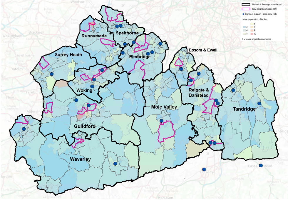 Map showing LSOAs in Surrey and the Connect to Support services available for men