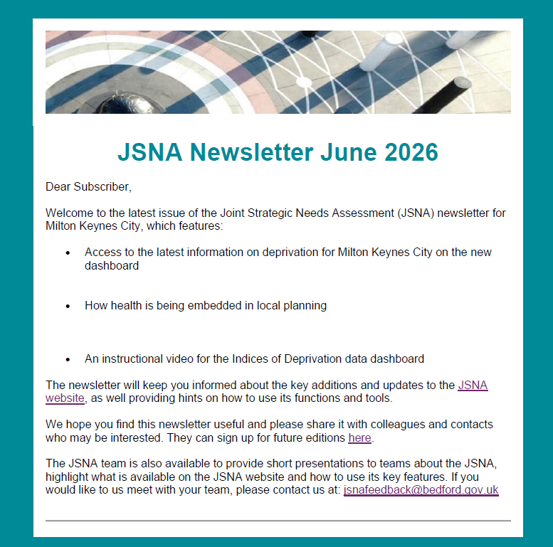 An image showing an example of the Milton Keynes City JSNA newsletter for June 2026
