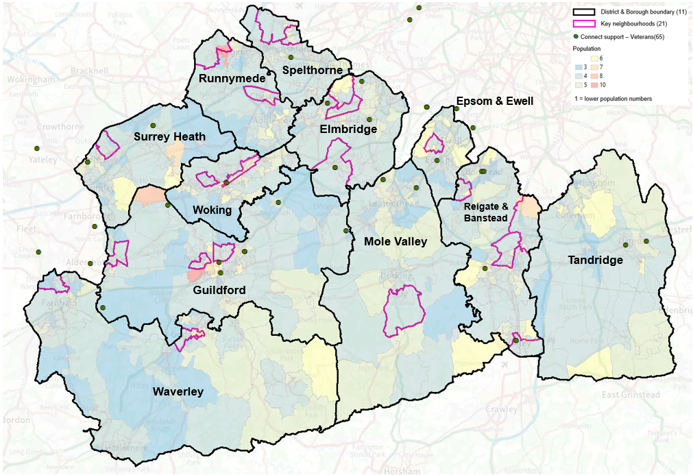 Map showing LSOAs in Surrey and the Connect to Support services available for Veterans