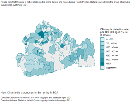 Map of Surrey showing new chlamydia diagnoses among females aged 15-24 by Middle Layer Super Output Area (MSOA), showing chlamydia detection rates per 100,000. Most areas have moderate detection rates (between 700 and 2,400), a few outlier areas have much higher rates., notably a few areas in the northwest and central-north of the county. Data is suppressed for some areas.