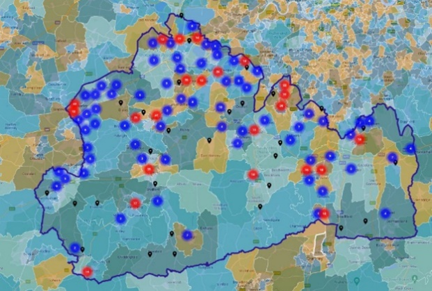 Greater density of fast food outlets is seen in the urban areas around the north and west of the county. The more rural central areas see a lower density of fast food outlets.