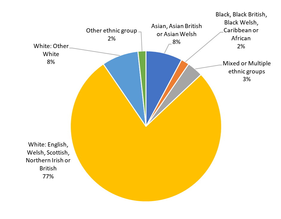 A pie chart showing the percentages of Surrey residents from different ethnic backgrounds. White British are 77% of the Surrey population, White Other are 8%. Asian/Asian British are 8%, Mixed or Multiple Ethnic Groups are 3%. Black/Black British, Caribbean or African are 2% of the Surrey population, and
Other Ethnic Group are 2%.