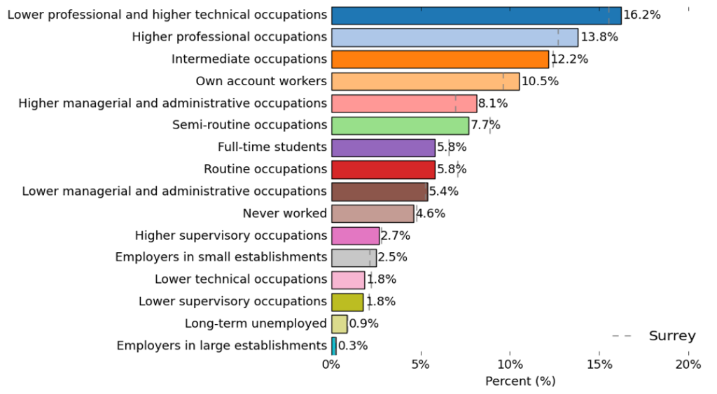 Proportion of people working in various occupations. The highest proportion is in lower professional and higher technical occupations at 16.2%. The rest of the occupations descending proportion amount is Higher professional occupations (at 13.8%), Intermediate occupations (12.2%), Own account workers (10.5%), Higher managerial and administrative occupations (8.1%), Semi-routine occupations (7.7%), Full-time students (5.8%), Routine occupations (5.8%), Lower managerial and administrative occupations (5.4%), Never worked (4.6%), Higher supervisory occupations (2.7%), Employers in small establishments (2.5%), Lower technical occupations (1.8%), Lower supervisory occupations (1.8%), Long-term unemployed (0.9%), Employers in large establishments (0.3%).