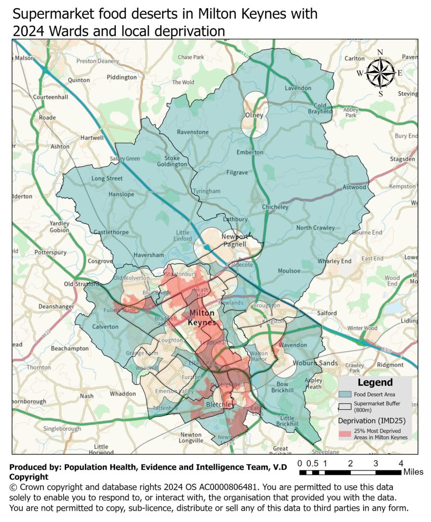 A map of supermarket food deserts in Milton Keynes with 2024 wards and local deprivation