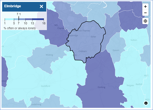 This figure is a map of % of people reporting often or always feeling lonely.