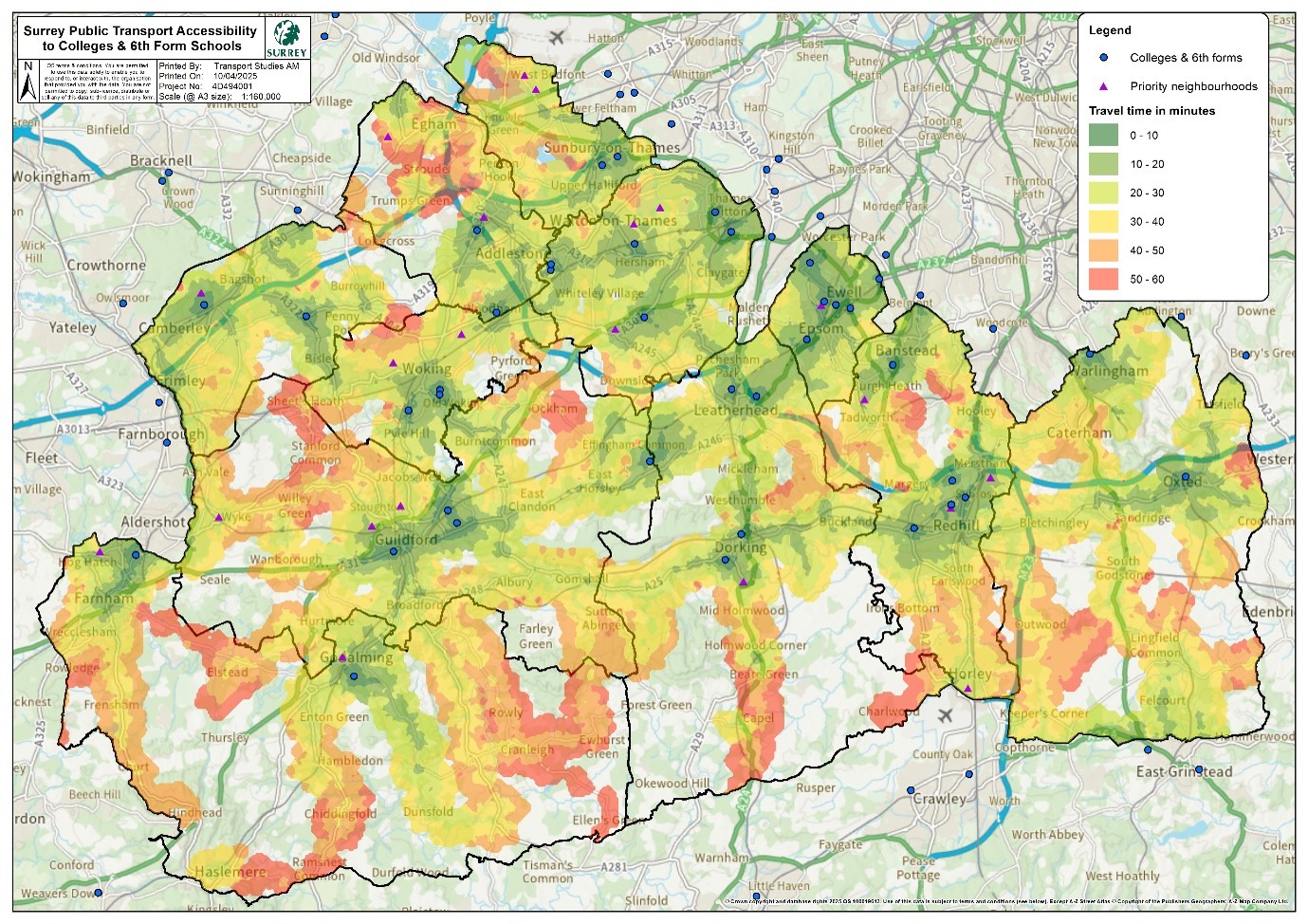 Map of Surrey showing estimated public transport travel time to the nearest college or sixth form.  Accessibility is generally better near colleges and sixth forms and around larger towns in northern and central Surrey, including Staines, Woking, Guildford, Epsom and Redhill, where many areas are within 30 minutes. Longer journeys of 40–60 minutes are widespread across rural western, southern and south-eastern Surrey, including around Farnham and Frensham, Haslemere and Chiddingfold, Cranleigh, Capel, Horley, Outwood and Lingfield. Unshaded areas, particularly around Farley Green, Ockley, rural Mole Valley and parts of the southern boundary, indicate public transport journeys exceeding 60 minutes 