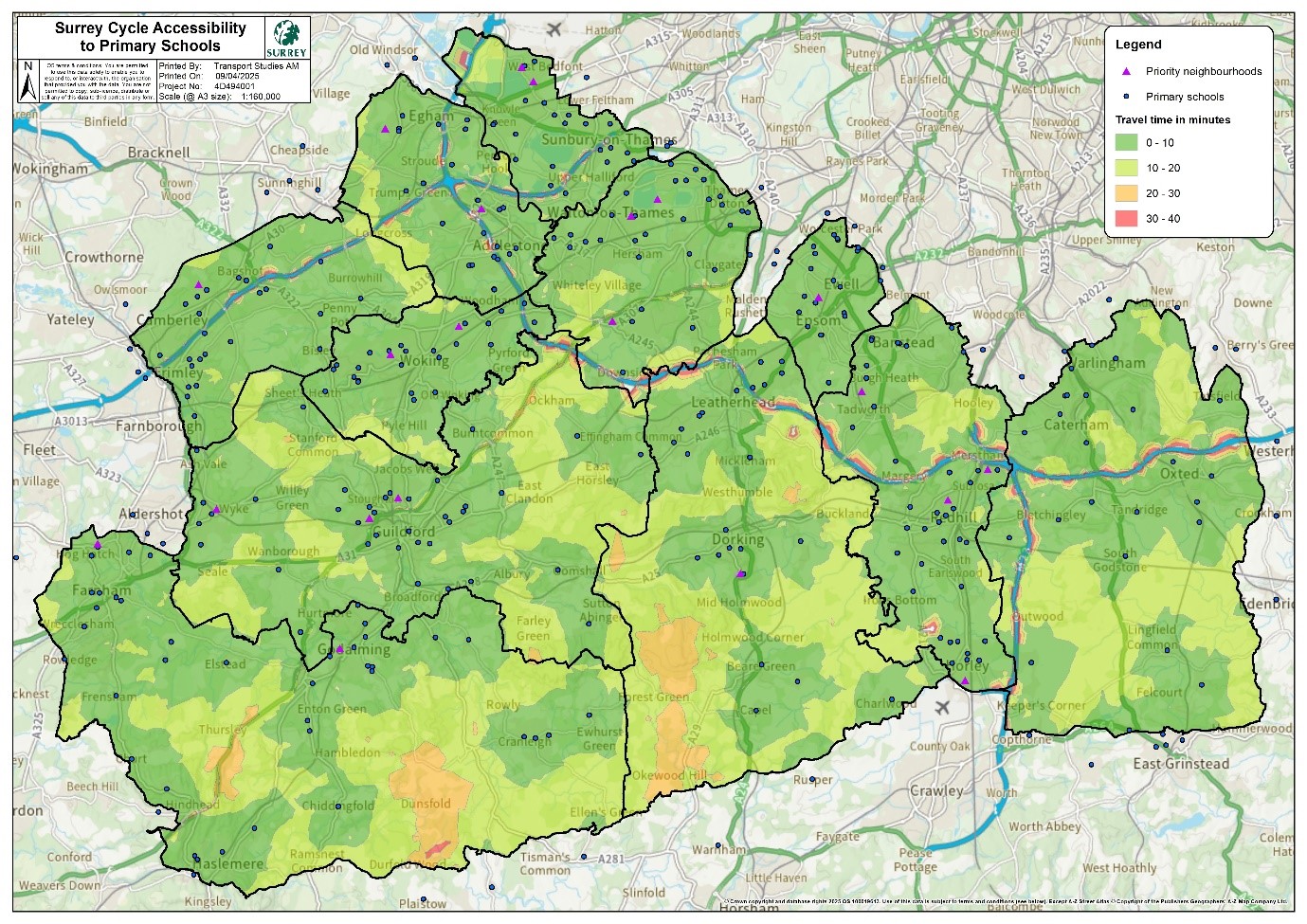 Travel times to primary schools by cycling. The majority of areas have a primary school that can be accessed within 20 minutes of cycling. A few areas, notably within the south and centre of the county have longer times of around 30 minutes. There are a few scattered areas with times of up to 40 minutes.