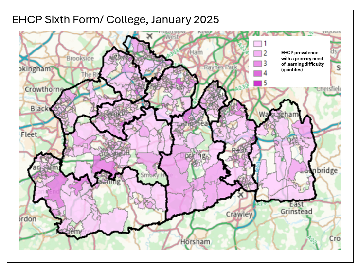 This map shows the number of sixth form or college school children with an EHCP with a primary need of learning difficulty. 
Around a third of LSOAs do not have any children with an EHCP. 
The majority of the LSOAs fall into the first or second quintile.