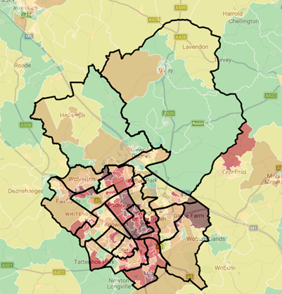 A map which shows the proportion of households receiving universal credit in Milton Keynes