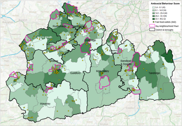 Map showing antisocial behaviour score for Surrey wards alongside the location of fast food outlets in Surrey. There is some correlation between clusters of fast food outlets and levels of anti-social behaviour, particularly in the North west if the county. The Surrey key neighbourhoods are highlighted. There are 21 key neighbourhoods in Surrey representing the wards that have the most deprived pockets within the county. 3 of these wards are in Elmbridge (Walton South, Walton North, Cobham and Downside). 1 is in Epsom and Ewell (Court). 3 are in Guildford (Westborough, Bellfields and Slyfield, Ash Wharf). 1 is in Mole Valley (Dorking South). 4 are in Reigate and Banstead (Tattenham Corner and Preston, Hooley, Merstham and Netherne, Horley Central and South, Redhill West and Wray Common). 2 are in Runnymede (Englefield Green West, Chertsey St Ann’s). 2 are in Spelthorne (Stanwell North, Ashford North and Stanwell South). 1 is in Surrey Heath (Old Dean). 2 are in Waverley (Farnham Heath End, Godalming Central and Ockford). 2 are in Woking (Canalside, Goldsworth Park).