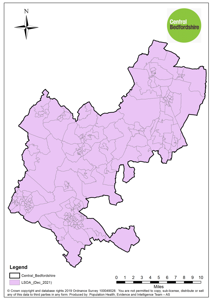 This image shows a map of the lower super output area for Central Bedfordshire