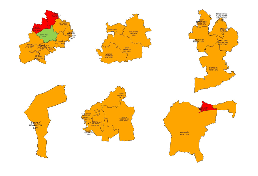 1. Map of PCNs in NW Surrey Place showing GP Patient Survey data on isolation. COCO PCN is below the Surrey value (2.9%) SASSE Networks 2 and 3 are higher than the Surrey value (9.7% and 9.2%)
2. Map of PCNs in Guildford and Waverley Place showing GP Patient Survey data on isolation. All PCNs are around the Surrey value.
3. Map of PCNs in Surrey Downs Place showing GP Patient Survey data on isolation. All PCNs are around the Surrey value.
4. Map of PCNs in Surrey Heath Place showing GP Patient Survey data on isolation. All PCNs are around the Surrey value.
5. Map of PCNs in East Surrey Place showing GP Patient Survey data on isolation. All PCNs are around the Surrey value.
6. Map of PCNs in NE Hampshire and Farnham Place showing GP Patient Survey data on isolation. Aldershot PCN is higher than the Surrey value (9.7%).