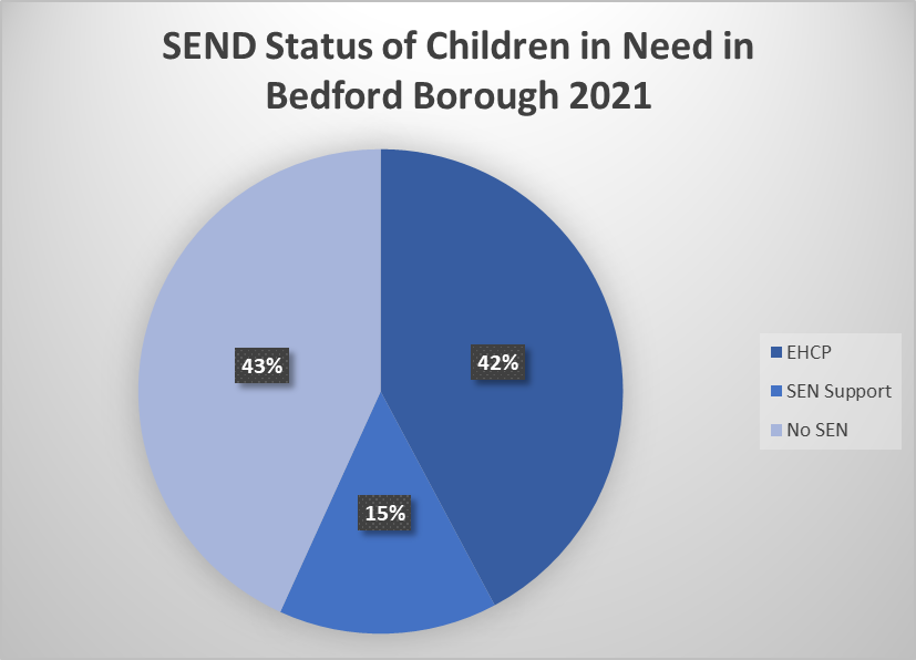 This Pie Chart shows the SEND status of children in need in Bedford Borough in 2021