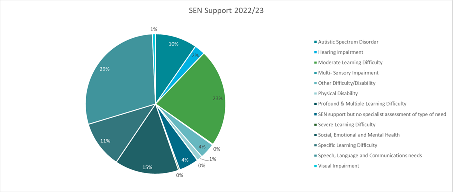 This pie chart shows the SEN support in Milton Keynes City for 2022/2023