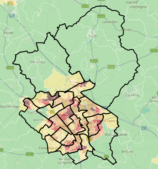 A map which shows the number of minutes' drive from a gambling outlet in Milton Keynes