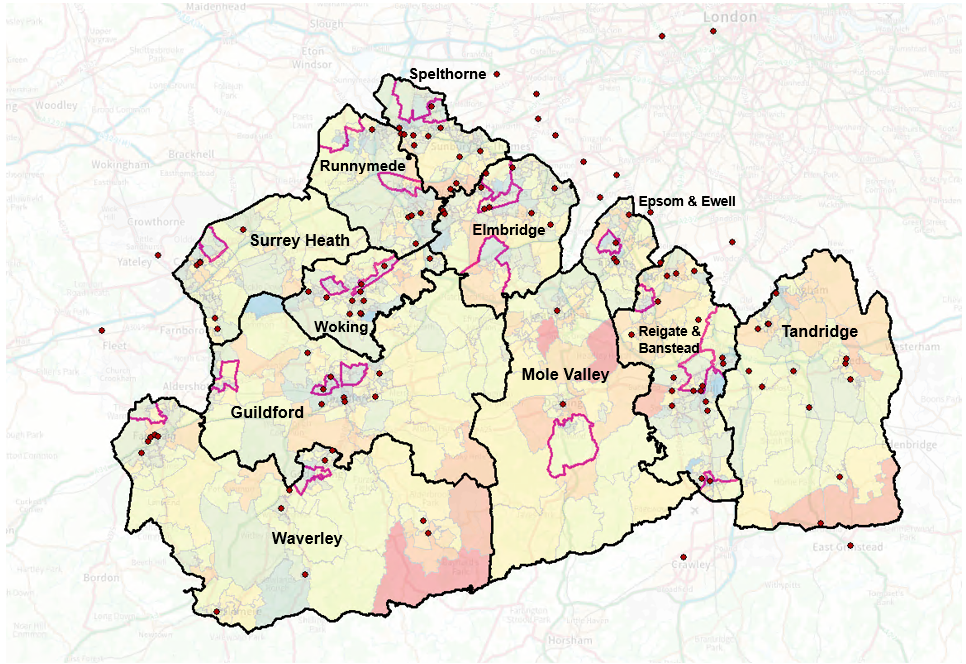 Map showing LSOAs in Surrey and the Connect to Support services available for those aged 65+