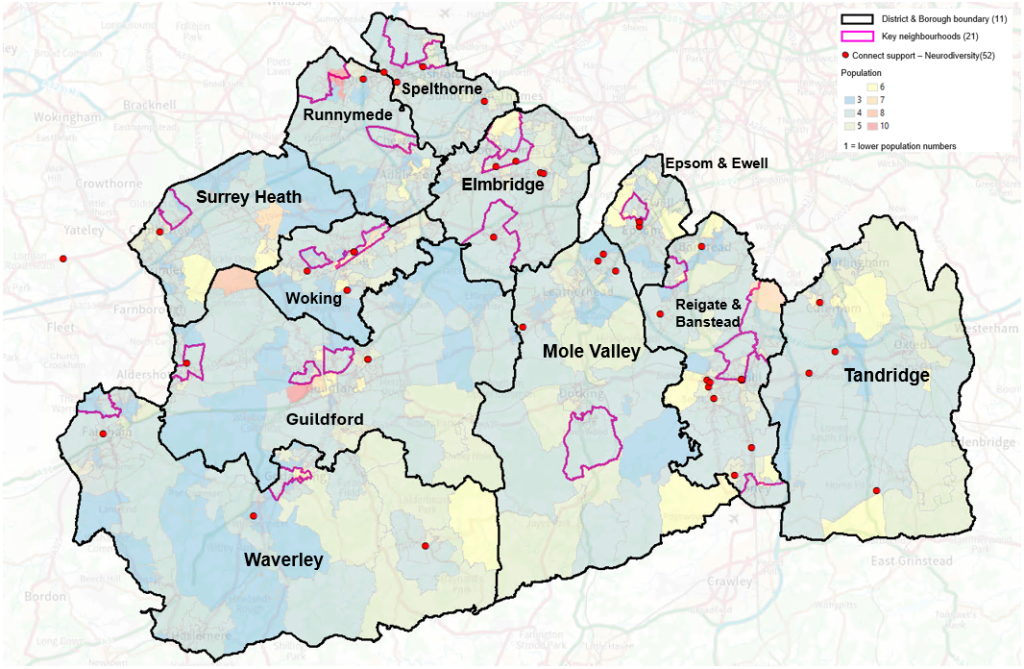 Map showing LSOAs in Surrey and the Connect to Support services available for Neurodiversity.